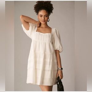 Anthropologie Size XS White Puff-sleeve Square-neck Tiered Mini Dress